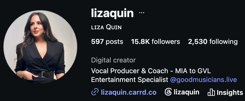 Liza Quin, vocal producer and coach on Instagram, 15.8K followers