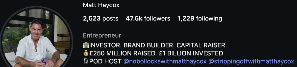 Matt Haycox, investor and podcast host on Instagram, 47.6K followers