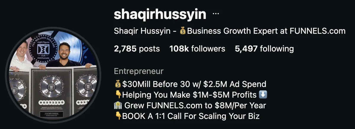 Shaqir Hussyin, business growth expert at FUNNELS.com, on Instagram with 108K followers