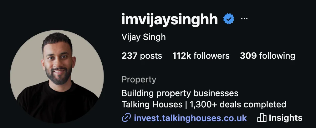 Vijay Singh, property investor on Instagram, 112K followers