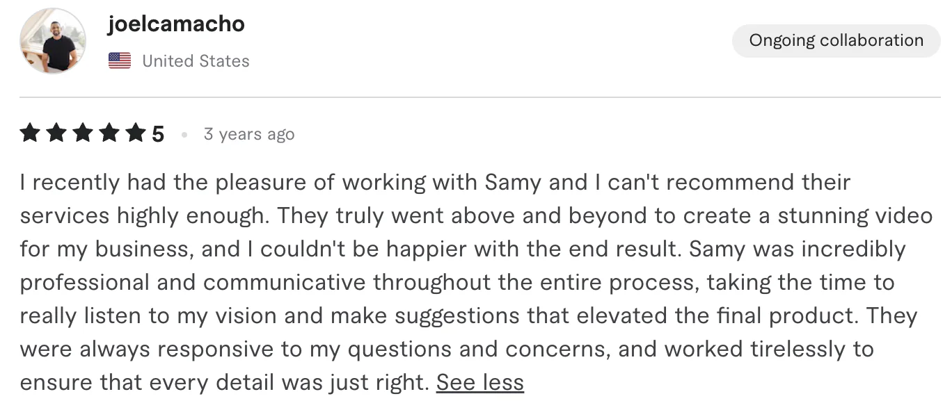 Five star review from joelcamacho, United States: I recently had the pleasure of working with Samy and I can't recommend their services highly enough. They truly went above and beyond to create a...
