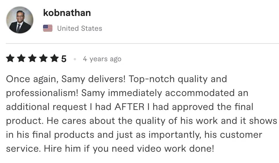 Five star review from kobnathan, United States: Once again, Samy delivers! Top-notch quality and professionalism! Samy immediately accommodated an additional request I had AFTER I had approved...