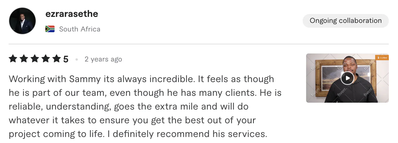 Five star review from ezrarasethe, South Africa: Working with Sammy its always incredible. It feels as though he is part of our team, even though he has many clients. He is reliable,...