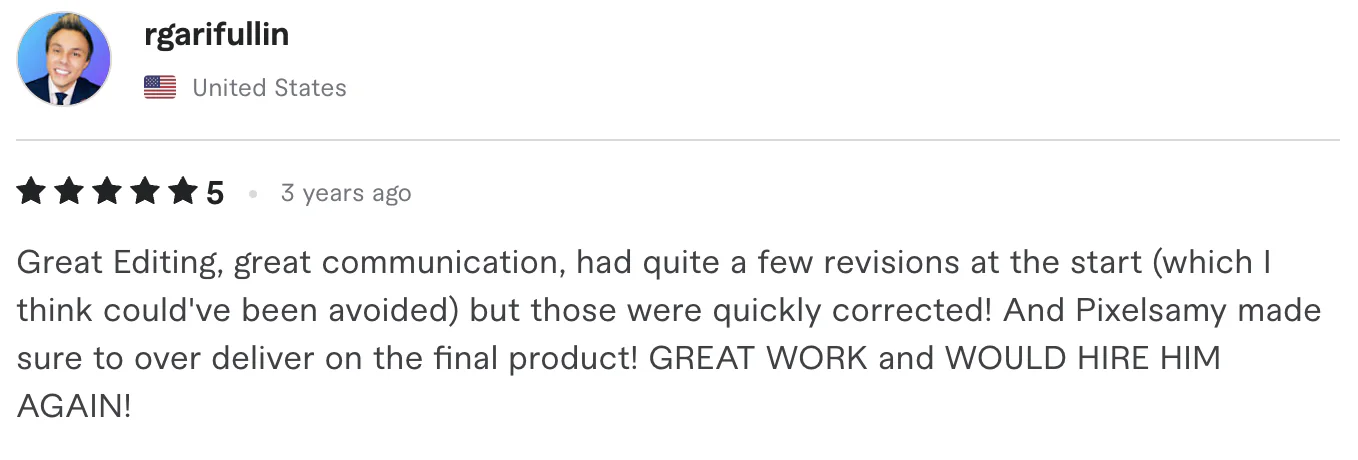 Five star review from rgarifullin, United States: Great Editing, great communication, had quite a few revisions at the start (which | think could've been avoided) but those were quickly corrected!...