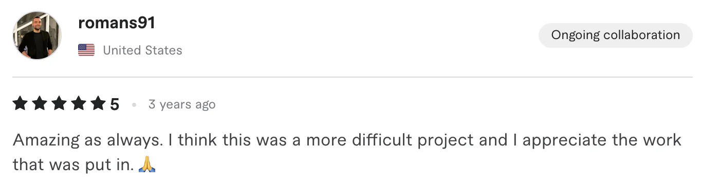 Five star review from romans91, United States: Amazing as always. I think this was a more difficult project and I appreciate the work that was put in.