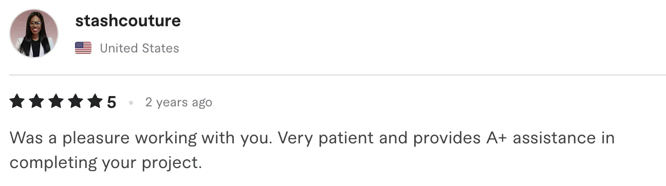Five star review from stashcouture, United States: Was a pleasure working with you. Very patient and provides At assistance in completing your project.