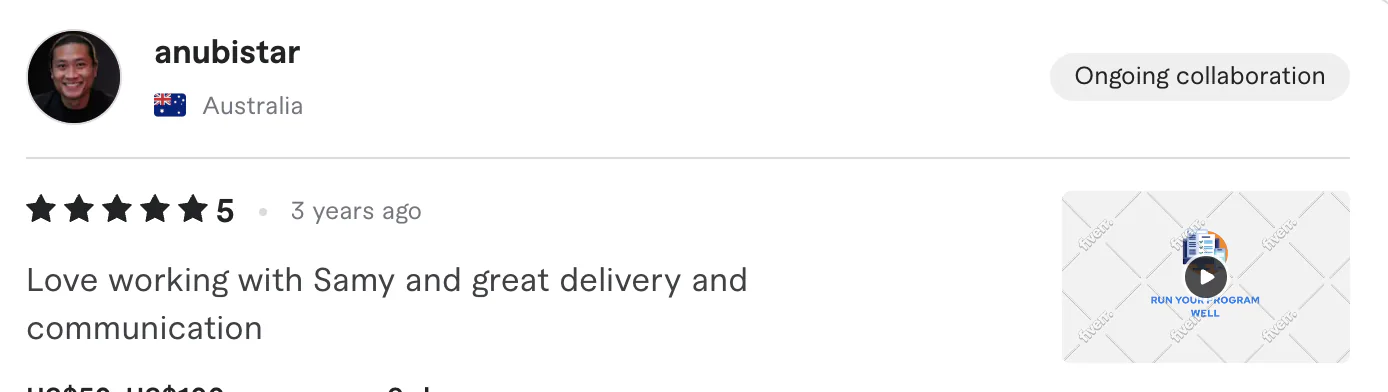 Five star review from anubistar, Australia: Love working with Samy and great delivery and communication RUN YOURT KOGRAM WELL