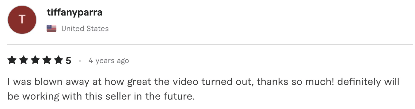 Five star review from tiffanyparra, United States: I was blown away at how great the video turned out, thanks so much! definitely will be working with this seller in the future.