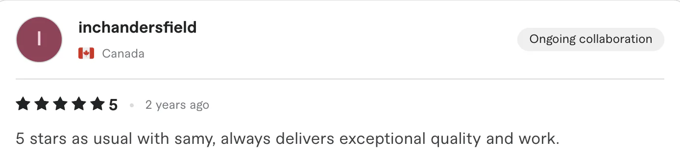 Five star review from inchandersfield, Canada: 5 stars as usual with samy, always delivers exceptional quality and work.