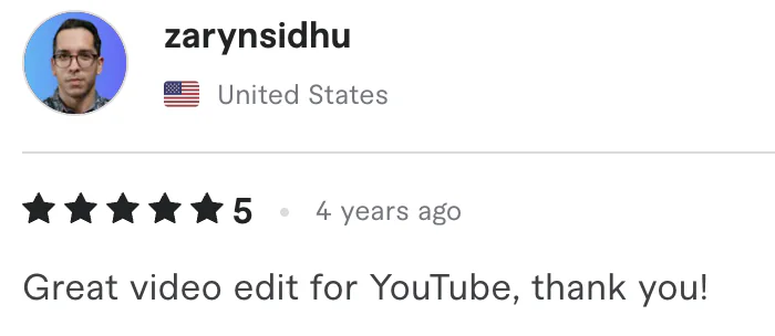 Five star review from zarynsidhu, United States: Great video edit for YouTube, thank you!