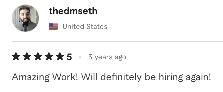 Five star review from thedmseth, United States: Amazing Work! Will definitely be hiring again!