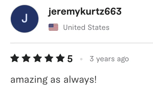 Five star review from jeremykurtz663, United States: amazing as always!