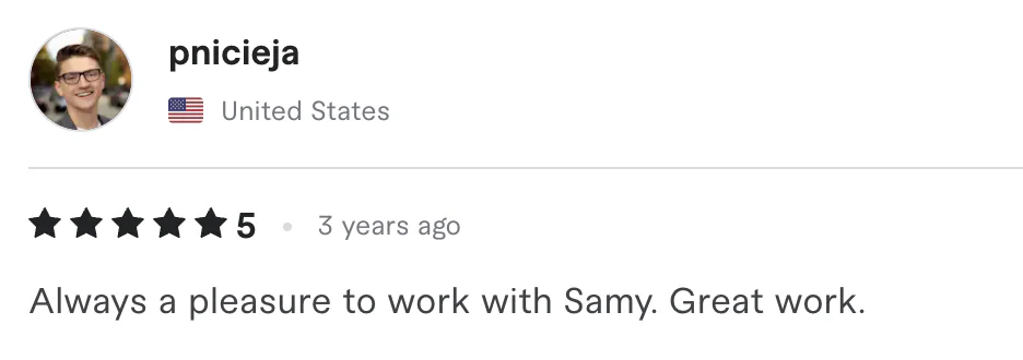 Five star review from pnicieja, United States: Always a pleasure to work with Samy. Great work.