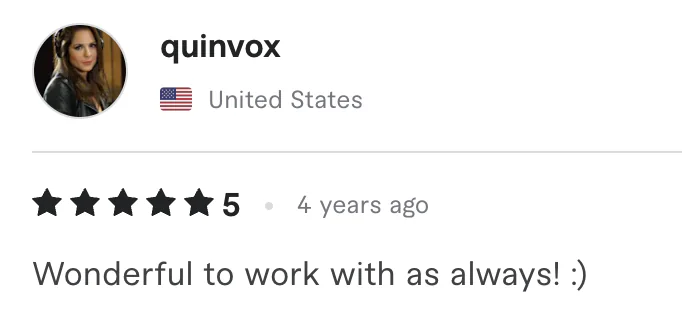 Five star review from quinvox, United States: Wonderful to work with as always! :)