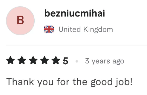 Five star review from bezniucmihai, N United Kingdom: Thank you for the good job!