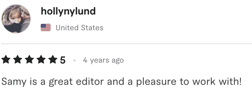 Five star review from hollynylund, United States: Samy is a great editor and a pleasure to work with!