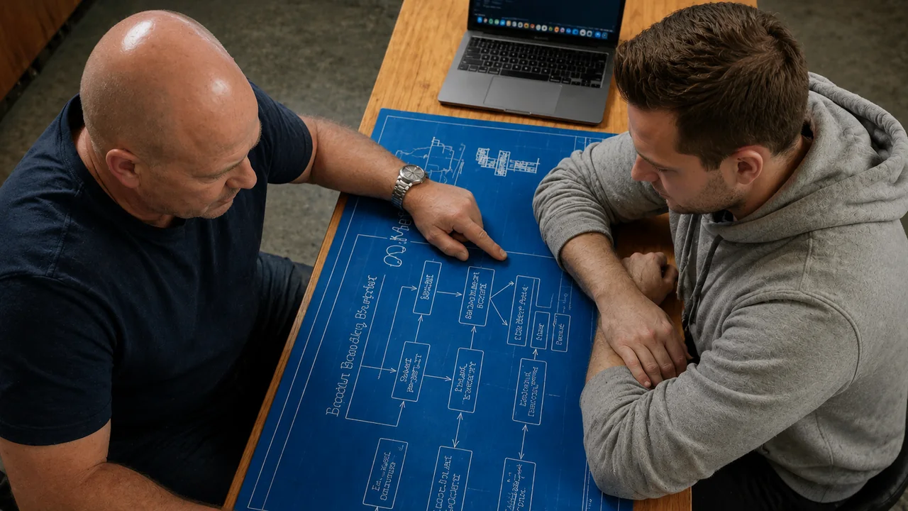 Two founders planning over a blueprint, a podcast episode thumbnail designed by Pixel Samy